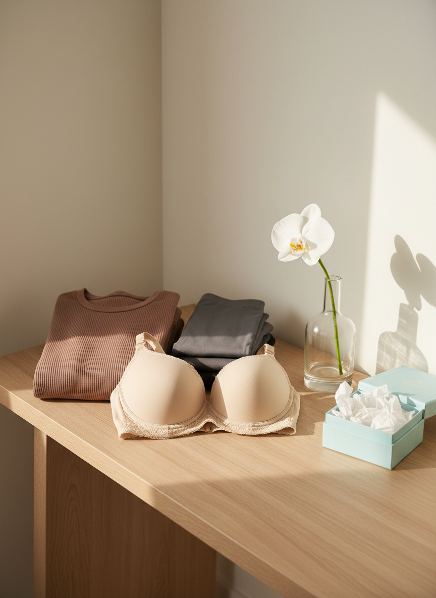 A chic maternity corner styled on a light wood console table: a folded, stretchy ribbed maternity dress in soft mocha, a supportive nursing bra in creamy beige, and a neatly stacked pair of over-bump leggings in charcoal grey. Beside them, a minimal glass vase with a single white flower and a small, open gift box lined with tissue paper subtly suggest thoughtful, practical purchases. The background is a smooth, warm-white wall, keeping the focus on the textures and forms. Soft studio lighting from the right creates refined highlights and delicate shadows. Captured from a slightly elevated angle with a composed, uncluttered frame, the atmosphere is calm, empowering, and sophisticated in photographic realism.