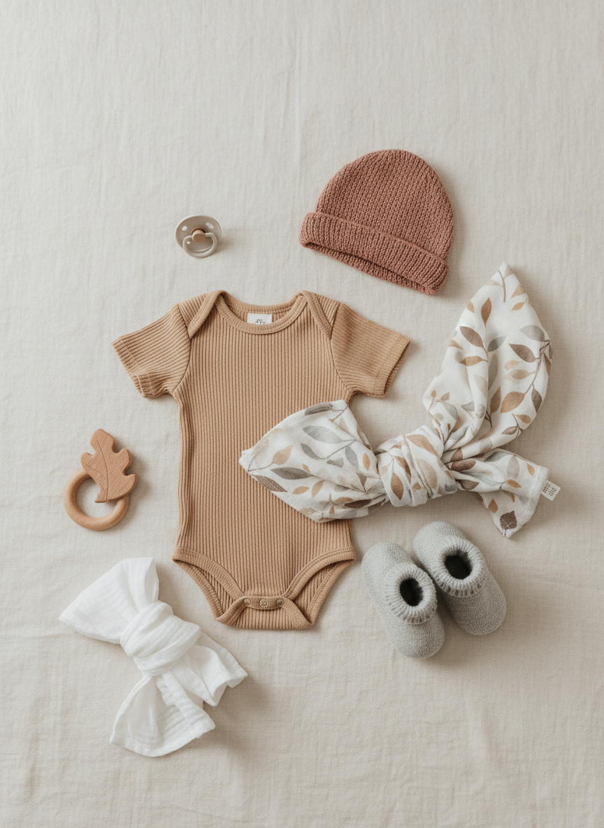 A beautifully arranged flat lay of baby essentials on a soft, cream-colored linen backdrop: a tiny ribbed cotton onesie in warm beige, a knitted bonnet in dusty rose, a swaddling blanket with a delicate neutral pattern, and a pair of petite booties in light grey. Around them, a silicone pacifier, a wooden teether, and a folded muslin cloth create a harmonious circle. Soft studio lighting from above creates gentle, even illumination with minimal shadows, emphasizing the textures of the fabrics. The composition follows the rule of thirds with a calm, airy negative space, conveying tenderness, safety, and modern sophistication in photographic realism.