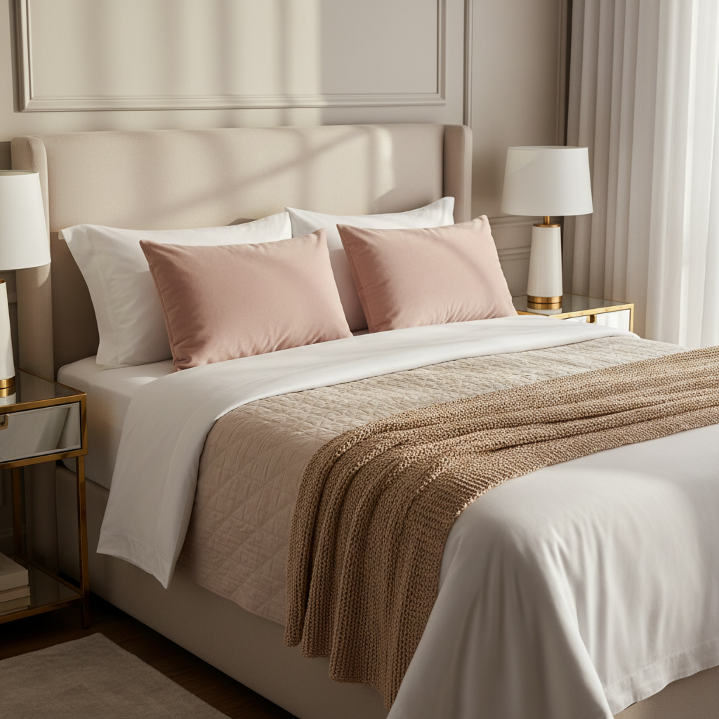 A luxurious king-size bed dressed in crisp white cotton sheets, a pale champagne quilted coverlet, and a pair of powder-rose velvet cushions, all perfectly smoothed and aligned. At the foot of the bed, a folded, textured throw in warm taupe hints at cozy evenings. The room is styled in soft neutrals with subtle gold accents on a nearby nightstand and a minimal ceramic lamp. Late afternoon natural light filters through sheer curtains, bathing the scene in a warm, diffused glow. Captured from a slightly elevated angle with balanced composition, the image feels serene, refined, and inviting, highlighting premium home textiles in clean, photographic realism.