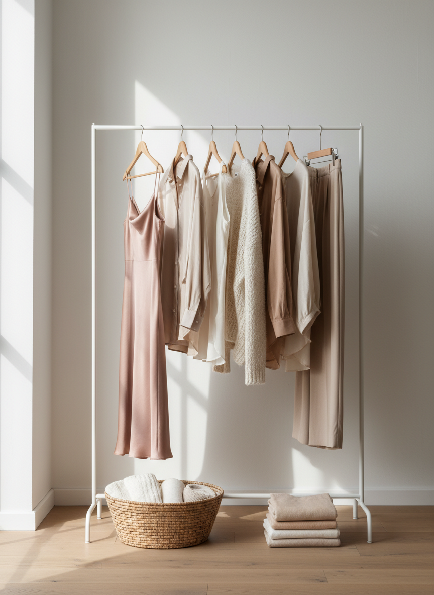 An elegant clothing rail made of matte white metal holding a curated selection of women’s garments in a cohesive palette of soft beige, warm taupe, dusty rose, and muted ivory. Textures range from flowing satin dresses to structured cotton shirts and a cozy knit cardigan, all evenly spaced on minimalist wooden hangers. Below the rail, a simple woven basket and a neatly folded stack of neutral scarves rest on a light oak floor. Diffused daylight from a side window creates subtle highlights on the fabrics and gentle shadows on the wall. Shot at eye level with a clean, centered composition, the mood is sophisticated, modern, and aspirational in photographic realism.