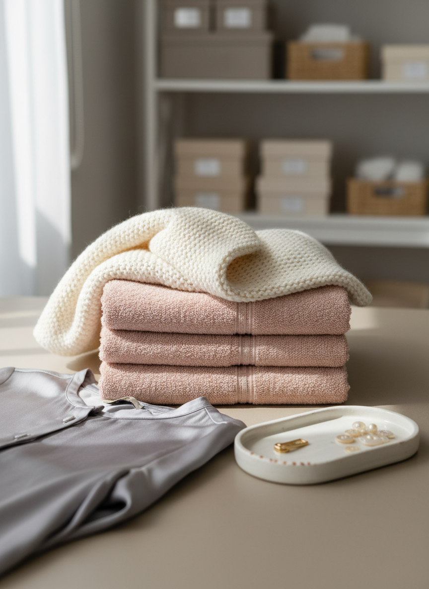 A neatly folded stack of soft blush-pink towels, a creamy knit baby blanket, and an elegant dove-grey silk blouse arranged together on a matte beige tabletop. Beside them lies a delicate ceramic tray holding a gold-tone zipper pull and tiny pearlescent buttons, hinting at refined women’s fashion. In the softly blurred background, neutral-toned shelving subtly suggests organized home and baby essentials. Gentle daylight enters from the left through an unseen window, casting refined, diffused highlights and barely-there shadows. Shot at eye level with a shallow depth of field, the composition feels calm, sophisticated, and curated, in clean photographic realism that represents a versatile women’s corner shop online.